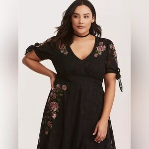 Torrid Black Dress with Pink Floral Embroidery